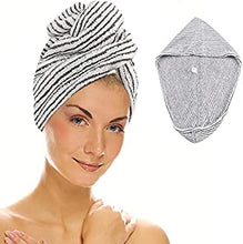 Microfiber Hair Towel Wrap, Hair Turban Towel Soft and Anti Frizz Head Towel Super Absorbent Hair Drying Towel with Buttons Fasten Salon Dry Hair Hat for Women Girls (Stripe)