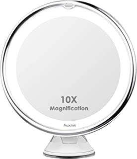 Auxmir Magnifying Makeup Mirror, 10x Magnification with Light, LED Mirror with Suction for Shaving, Bathroom, Dressing Table, Desk, Bedroom, White, Round