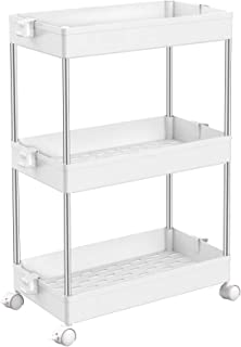 SPACEKEEPER Storage Trolley 3-Tier Slide Out Rolling Utility Cart Storage Shelf Rack on Wheels Multi-purpose Shelving Organizer for Office, Kitchen, Bedroom, Bathroom, Laundry Room & Dressers, White