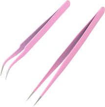 Sularpek 2 Pcs Tweezers, Eyebrow Tweezers, Eyelash Tweezers, Stainless Steel Straight and Curve Tip Tweezers, Ingrown Hair and Facial Hair Remover, for Craft, Makeup Tools (Pink)