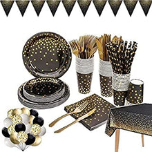 142 Pieces Black and Gold Party Supplies Set, Golden Dot Party Dinnerware, Include Black Paper Plates Napkins Cups, Gold Forks Knives for Graduation, Birthday, Cocktail Party