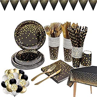 142 Pieces Black and Gold Party Supplies Set, Golden Dot Party Dinnerware, Include Black Paper Plates Napkins Cups, Gold Forks Knives for Graduation, Birthday, Cocktail Party