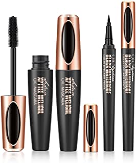 4D Silk Fiber Eyelash Mascara & Eyeliner Kit, Long Lasting Waterproof, Extension Thickening Lengthening Voluminous Mascara, Natural Smudge-Proof Liquid Eye Liner, Black(1 Mascara & 1 Eyeliner)