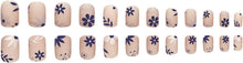 NICENEEDED Short Leaf Flower False Nails, French Blue Daisy Full Cover Glossy Stick on Nails, Spring Square White Acrylic Artificial Manicure Press on Nail with Jelly Glue for Women Girls 24PCS