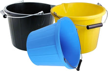 Set of 3- Plastic Builders Bucket 3 Gallon 14 Litre Water Mixing Storage Strong with Measuring Guide, Handle And Spout (Yellow, Blue, Black)