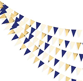 30 Ft Navy Blue Gold Party Decorations Hanging Paper Triangle Flag Pennant Banner Bunting Garland for Bachelorette Engagement Wedding Birthday Bridal Shower Anniversary Hen Graduation Party Supplies