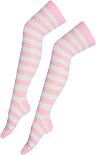 Crazy Chick Women Stripe Over The Knee Socks Thigh High Girls Stretchy OTK Socks Fancy Dress (Baby Pink & White)