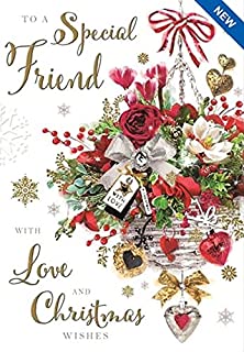 Jonny Javelin To A Special Friend 'Happy Christmas' Card - Beautiful Design with a Festive Hanging Basket - Foil, Flitter and Embossed Finish - for Her, White Green Red Gold, 159 x 229mm