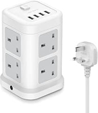 JSVER 8 Way Tower Extension Lead with USB Slots, Power Socket Surge Protector with 4 USB Charging Ports Overload Protection 2 Metre Extension Cable (White)