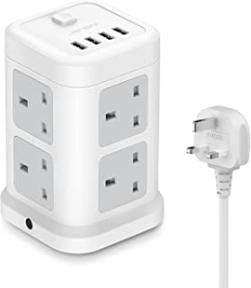 JSVER 8 Way Tower Extension Lead with USB Slots, Power Socket Surge Protector with 4 USB Charging Ports Overload Protection 2 Metre Extension Cable (White)