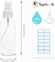 Symbah Small Spray bottle 100ml atomiser empty clear fine mist plastic Refillable spray bottles for Traveling, Make-up, Skincare Cleaning Liquids (21 PCS) with Funnels and Lable