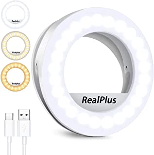 Selfie Ring Light, RealPlus Clip-on Ring Light [Rechargeable] with 40 LEDs and 3 Light Modes, Dimmable Selfie Light for Phone, Tablet, Laptop, Zoom Meeting, Makeup, Video Conference