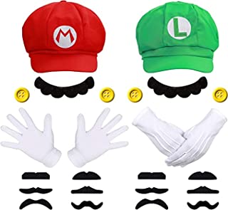 iZoeL Super Mario Bros Mario and Luigi Hats Caps Mustaches Gloves Buttons Suspenders Cosplay Costume for Halloween Costumes Women Men Kid Halloween Outfits Carnival Costume