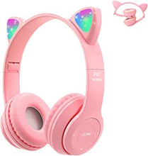 Kids Wireless Headphones, Megadream Bluetooth Over Ear Headphones with Microphone, Cat Ear LED Light Child Headset TF Card/Wired Foldable Earphones for Girls Boys Gift Age 7+ (Pink)