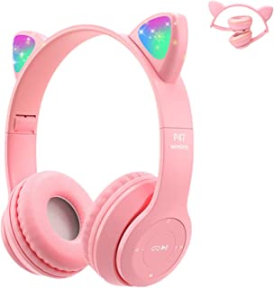Kids Wireless Headphones, Megadream Bluetooth Over Ear Headphones with Microphone, Cat Ear LED Light Child Headset TF Card/Wired Foldable Earphones for Girls Boys Gift Age 7+ (Pink)