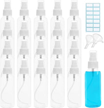 Symbah Small Spray bottle 100ml atomiser empty clear fine mist plastic Refillable spray bottles for Traveling, Make-up, Skincare Cleaning Liquids (21 PCS) with Funnels and Lable