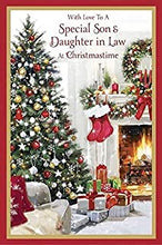 Son & Daughter-in-Law Artistic Christmas Card - Tree, Fireplace and Gifts - Foil and Flitter Finish