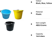 Set of 3- Plastic Builders Bucket 3 Gallon 14 Litre Water Mixing Storage Strong with Measuring Guide, Handle And Spout (Yellow, Blue, Black)
