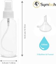 Symbah Small Spray Bottle 100ml Atomiser fine plastic Refillable Mist Empaty Spray Bottles for Traveling Make-up Skincare Cleaning Liquids 3 PCS with Funnel