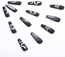 Neckon 24Pcs Coffin Press on Nails Black Star and Moon Fake Nails Long Snake False Nails Matte Acrylic Nail for Women and Girls