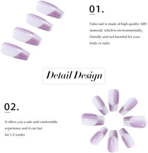 Vatocu Coffin Glossy False Nails French Purple White Press on Nails Short Gradient Color Fake Nails Transparent Pure Acrylic Stick on Nails for Women and Girls (24pcs