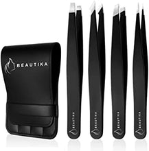 BEAUTIKA 4pcs Tweezers for facial hair women & men Professional Stainless Steel black color coated precision Slanted Pointed Tip eyebrow tweezer Ingrown with leather pouch