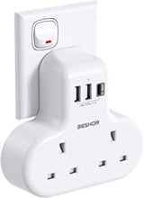 Double Plug Extension with 3 USB (1 USB-C), 2 Way Plug Adaptor Multi Plug Adpater, BESHON 13A UK 3 Pin Socket Extension for Travel, Home and Office…