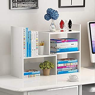 Wood Adjustable Bookshelf Bookcase, Expandable Desktop Storage Organizer Display Shelf Rack, Office Supplies Desk Organizer,White