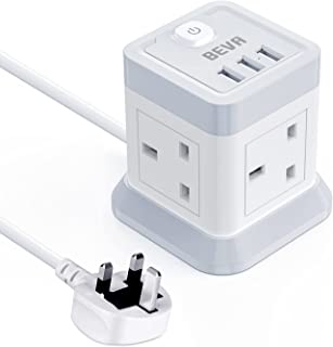 3M Extension Lead Cube With USB, BEVA 4 Gang Extension Socket With 3 USB Ports, Power Strip With Switch Multi Plug Extension with 3 Metre Long Cable For Home Office Travel