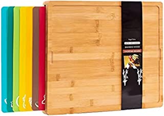 Winged Sirius 8 in 1 Extra Large Bamboo Wooden Chopping Boards Set with 7 Colour Coded PP Mats (Meat Bread Fish Cheese Dairy) Organic Antibacterial Odour Resistant Dishwasher Safe (42 X 34 X 3.5cm)