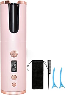 Cordless Automatic Curling Iron, Auto Curling Iron with LCD Display Adjustable Temperature & Timer, Portable Ceramic Hair Curler USB Charging and Rechargeable (Pink)