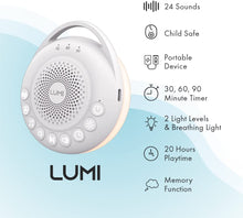 LUMI  Portable White Noise Machine  Baby Sleep Aid with 24 Sounds  White Noise Baby  3 Lighting Modes  Memory Function  30, 60, 90 Minute Timer  Sleep Aid for Adults, Children & Babies