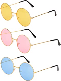 Euvoym 3 Pack Hippy Specs Sunglasses Pink Blue Yellow Round Sunglasses with Metal Frames Retro Hippie 60's 70's Style Circle Glasses for Fancy Dress Hippie Costume Accessories(Pink,Blue,Yellow)