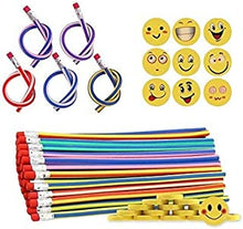 ECHG 80 Pcs Kids Party Bag Filler Set, Soft Flexible Bendy Pencils and Emoji Smile Erasers Magic Bend Toys School Fun Stationary Equipment Party Favor Supplies