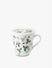 Wild Strawberry bone china mug with lid