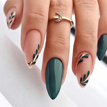 NICENEEDED 24 PCS Dark Green Press on Nails, Medium Almond Dark Green Leaf Fake Nails, Nude Sweet Fashion Nail Tips Reusable Acrylic Nails for Women Girls Finger Manicure Decorations