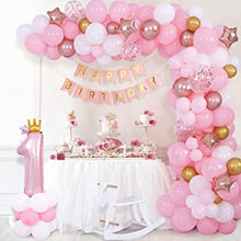 1st Birthday Decorations for Girls, Pink Balloon Arch Kit, Happy Birthday Banner Number 1 Crown Rose Gold Balloons for Baby Girl Daughter First Birthday Party Decoration