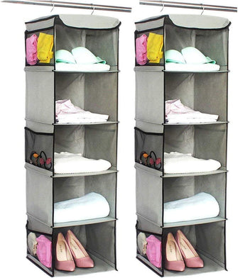 BrilliantJo Hanging Storage with 5 Shelves Set of 2 Wardrobe Closet Organiser, Storage Shelves Unit with 6 Pockets for Clothes - Grey(12 x 12 x 43 inch)