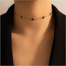 Yheakne Boho Emerald Green Choker Necklace Green Gemstone Bead Necklace Round Emerald Necklace Short Cz Collar Necklace Chain Jewelry for Women and Girls