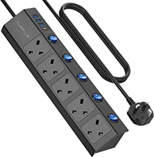 Extension Lead with Individual Switches, 3250W/13A Wall Mounted Power Strip with USB C Ports（PD 20W), 5 Way Surge Protected Extension Lead with 2M Extension Cable for Home Office