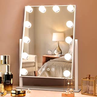 HANSONG Hollywood Vanity Mirror with Lights Lighted Makeup Mirror Touchscreen Control with 12 Dimmable LED Bulbs Detachable 10x Magnification, 3 Color Lighting Modes 360°Rotation