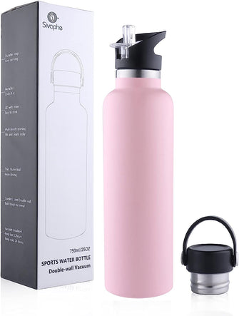 Sivaphe Water Bottle Insulated Bottle Drink Flasks Leak-Proof for Sports Outdoor Stainless Steel, Double Walled Vacuum with Lids and Straw 750ml Pink Gift