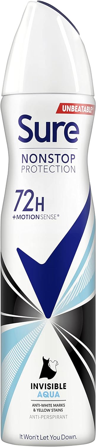 Sure Invisible Aqua Nonstop Protection leaves no white marks or yellow stains on clothes Anti-perspirant Deodorant Aerosol 72h protection anti-perspirant deodorant spray 250 ml