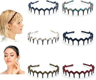 YONGORHEX 6 Pcs Shark Toothed Hair Band Bohemia Style Hair Hoop Wrapped Cloth Tooth Comb Headbands Wave Shape Plastic Hair Band Zigzag Fashion Headwear Hair Accessory for Women and Girls(Chic Pattern)