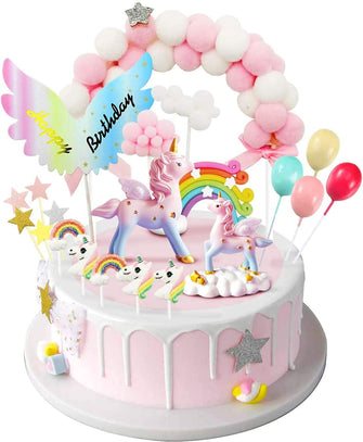 iZoeL Unicorn Cake Topper, Birthday Cake Decoration, 1 Pink Hairball Arch 1 Rainbow 1Happy Birthday Banner 2 Clouds 4 Balloons 10 Stars 3 Little Unicorns For Girl Kid Women Birthday Party