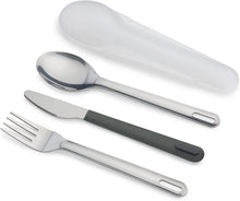 Joseph Joseph GoEat - On the Go Stainless-Steel Travel Cutlery Set for 1, Reusable Knife, Fork and Spoon Set with case for Lunch Box, Camping, Outdoor, Grey