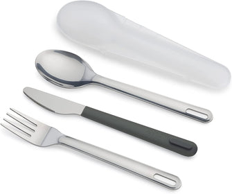 Joseph Joseph GoEat - On the Go Stainless-Steel Travel Cutlery Set for 1, Reusable Knife, Fork and Spoon Set with case for Lunch Box, Camping, Outdoor, Grey