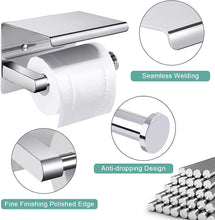 Toilet Roll Holder Wall Mounted, Self Adhesive Toilet Paper Holder with Shelf, Chrome Loo Roll Holder Stick on Wall, Brushed Stainless Steel No Drill Tissue Roll Holder Bathroom Accessories(Silver)