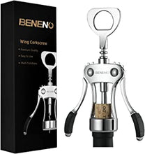 Wine Bottle Openers, BENENO Zinc Alloy Premium Wing Corkscrew Wine Opener with Multifunctional Corks and Caps Bottle Opener, Silver