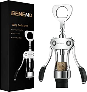 Wine Bottle Openers, BENENO Zinc Alloy Premium Wing Corkscrew Wine Opener with Multifunctional Corks and Caps Bottle Opener, Silver